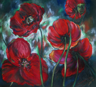 Pittura intitolato "Poppies at night" da Lyudmila Chupina, Opera d'arte originale, Pastello