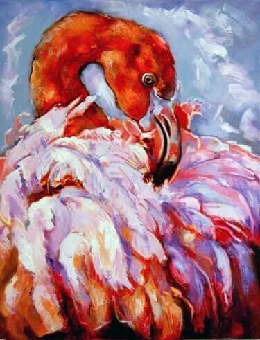 Malarstwo zatytułowany „Flamingo painting.…” autorstwa Lyudmila Knyazeva, Oryginalna praca, Olej Zamontowany na Drewniana ra…