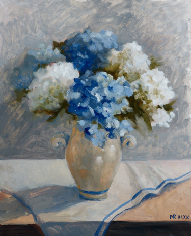 Painting titled "Hydrangea bouquet -…" by Mariia Iakovleva, Original Artwork, Oil Mounted on Wood Stretcher frame