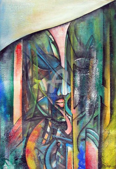 Schilderij getiteld "Abstract Face VI" door M. Singh, Origineel Kunstwerk, Olie
