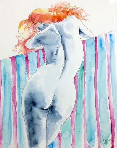 Schilderij getiteld "Mujer de espalda" door Magdalena Weber, Origineel Kunstwerk, Aquarel