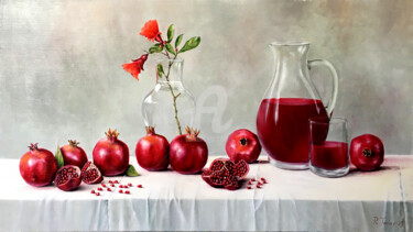 Painting titled "Still-life with pom…" by Rauf Janibekov, Original Artwork, Oil Mounted on Wood Stretcher frame