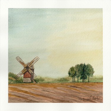 Schilderij getiteld "Polish windmills 1" door Maciej Kłosowski, Origineel Kunstwerk, Aquarel