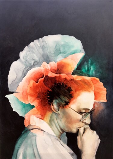Painting titled "Femme coquelicot 2" by Madeline Berger (MadB), Original Artwork, Watercolor
