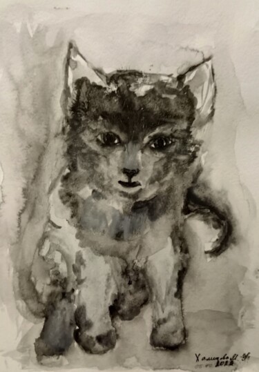 Painting titled "Котёнок-Kitty" by Madina Khamidova, Original Artwork, Watercolor