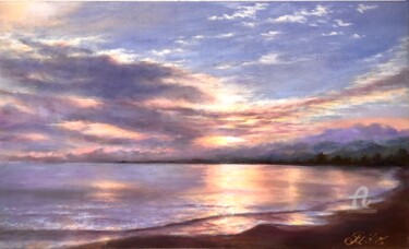 「« Coucher de soleil…」というタイトルの絵画 Мадина Таироваによって, オリジナルのアートワーク, オイル ウッドストレッチャーフレームにマウント