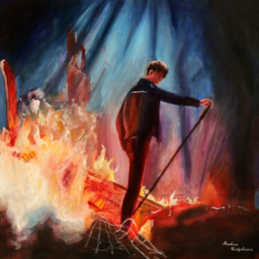 Painting titled "Dimash lit the stage" by Madina Turlybekova, Original Artwork, Oil Mounted on Wood Stretcher frame