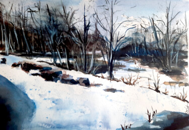 Painting titled "Pris dans la neige" by Madit, Original Artwork, Watercolor