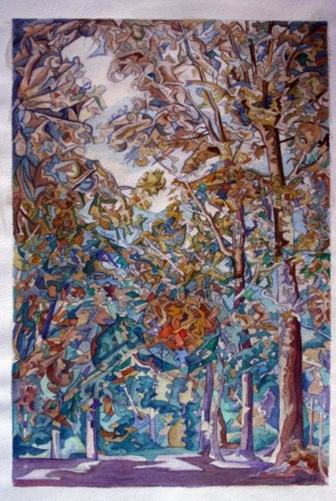 Painting titled "Aquarelle forêt" by Gilbert Foing, Original Artwork, Oil