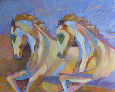 Painting titled "Running horses oil…" by Magdalena Walulik, Original Artwork, Oil Mounted on Wood Stretcher frame
