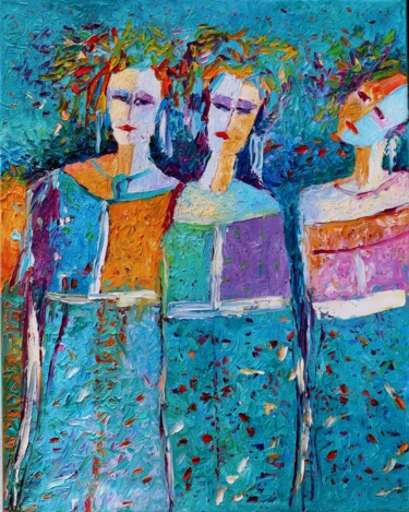 Painting titled "Three Women People…" by Magdalena Walulik, Original Artwork, Oil Mounted on Wood Stretcher frame