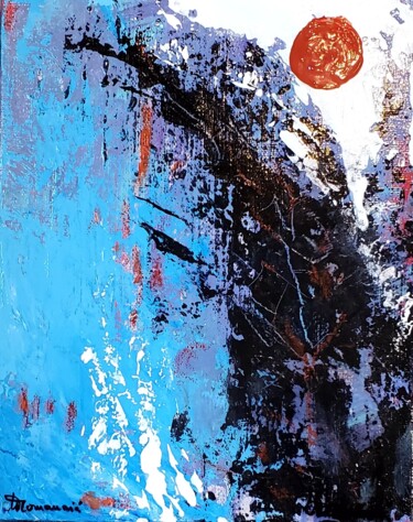 Painting titled "RED  MOON" by Maggie Romanovici, Original Artwork, Acrylic Mounted on Wood Stretcher frame