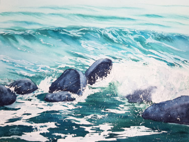 Painting titled "Waves and stones. O…" by Svetlana Lileeva, Original Artwork, Watercolor