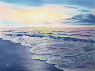 Painting titled "Seascape and beach" by Svetlana Lileeva, Original Artwork, Watercolor