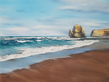 Painting titled "Seascape and cliffs…" by Svetlana Lileeva, Original Artwork, Watercolor