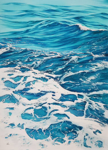 Painting titled "Seascape with ocean…" by Svetlana Lileeva, Original Artwork, Watercolor