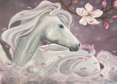 Картина под названием "Нежная белая лошадь…" - Анастасия Маханькова, Подлинное произведение искусства, Масло