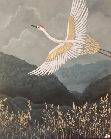 Pittura intitolato "Crane in the sky" da Anastasiia Makhankova, Opera d'arte originale, Olio