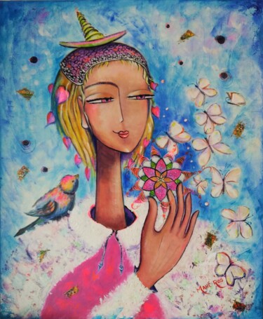 Painting titled "Femme fleur cosmique" by Mahé Ros, Original Artwork, Acrylic Mounted on Wood Stretcher frame