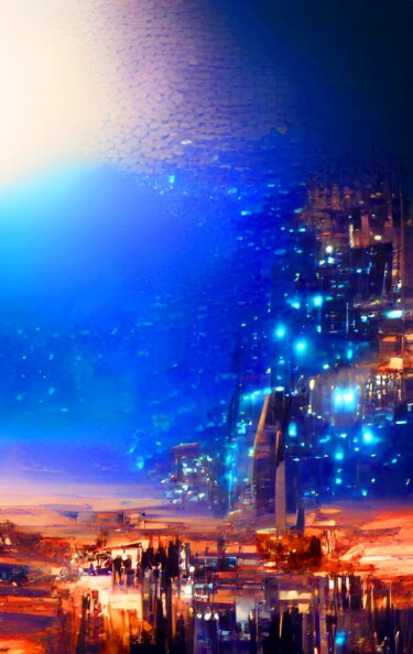 Digital Arts titled "BLUE STARS IN CITY 3" by Mahesh Tolani, Original Artwork, Digital Painting