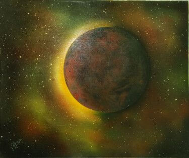 Peinture intitulée "Dark Planet Eclipse" par Mahfuzur Rahman, Œuvre d'art originale, Bombe aérosol Monté sur Panneau de bois