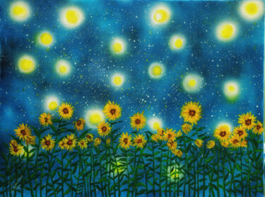 Painting titled "Starry Sunflowers" by Mahfuzur Rahman, Original Artwork, Acrylic Mounted on Wood Panel