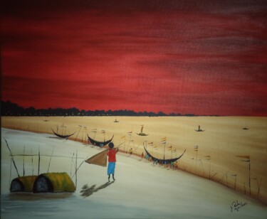 Ζωγραφική με τίτλο "Fisherman at sunset" από Mahfuzur Rahman, Αυθεντικά έργα τέχνης, Ακρυλικό