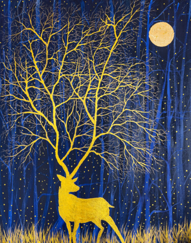 Pintura titulada "Golden Deer" por Mahfuzur Rahman, Obra de arte original, Acrílico