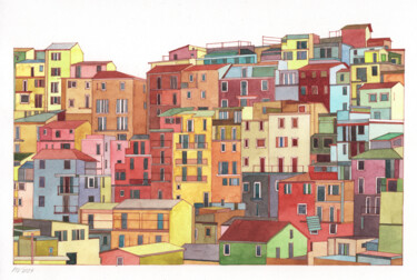 Painting titled "Manarola Coast in I…" by Daria Maier, Original Artwork, Watercolor