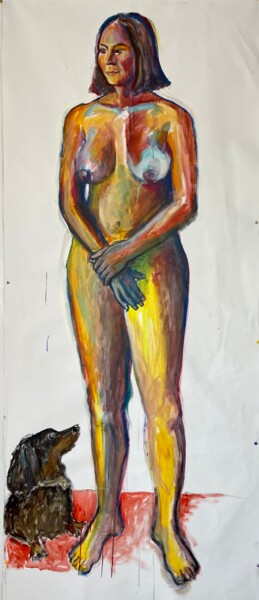 Schilderij getiteld "Lady with a dog ( E…" door Maija Ahlholm, Origineel Kunstwerk, Acryl