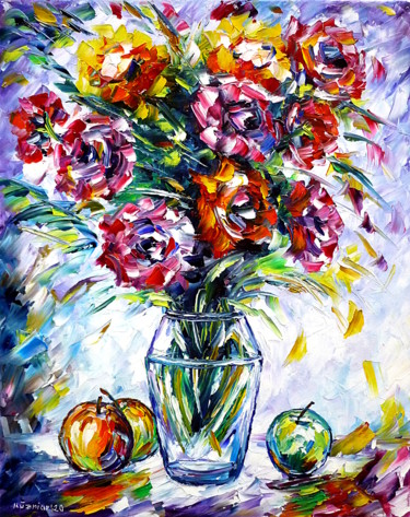 Malerei mit dem Titel "Rosen und Äpfel" von Mirek Kuzniar, Original-Kunstwerk, Öl