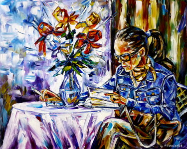 Malerei mit dem Titel "Frau im Café" von Mirek Kuzniar, Original-Kunstwerk, Öl