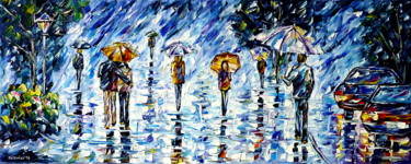 Malerei mit dem Titel "Menschen im Regen II" von Mirek Kuzniar, Original-Kunstwerk, Öl