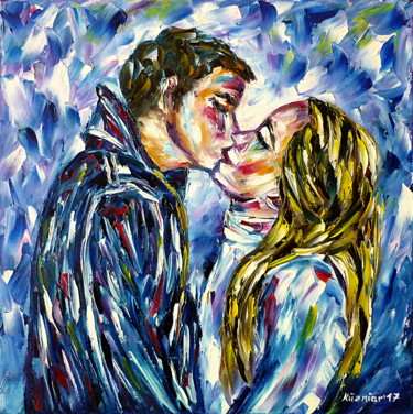 Malerei mit dem Titel "Liebeskuss im Winter" von Mirek Kuzniar, Original-Kunstwerk, Öl