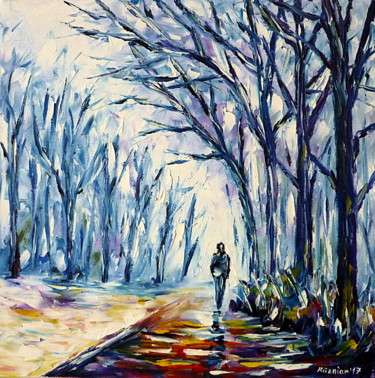 Malerei mit dem Titel "Mann im Winternebel" von Mirek Kuzniar, Original-Kunstwerk, Öl