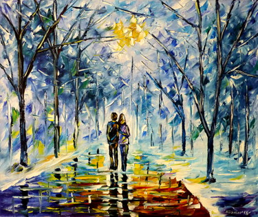 Malerei mit dem Titel "Liebespaar im Winter" von Mirek Kuzniar, Original-Kunstwerk, Öl