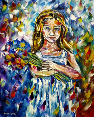 Peinture intitulée "Mädchen mit Blumen" par Mirek Kuzniar, Œuvre d'art originale, Huile
