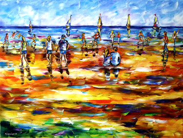 Malerei mit dem Titel "Strandleben" von Mirek Kuzniar, Original-Kunstwerk, Öl