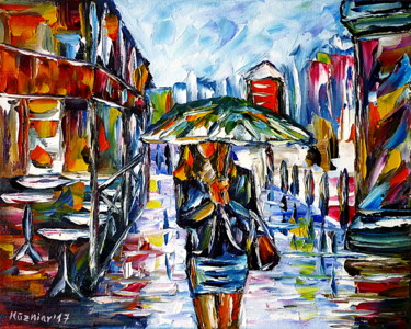 Malerei mit dem Titel "Frau im Regen" von Mirek Kuzniar, Original-Kunstwerk, Öl