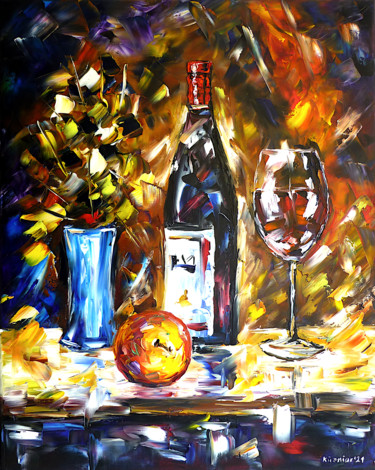 Malerei mit dem Titel "Weinstillleben" von Mirek Kuzniar, Original-Kunstwerk, Öl