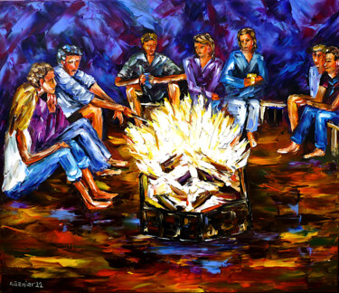 Pittura intitolato "By The Campfire" da Mirek Kuzniar, Opera d'arte originale, Olio