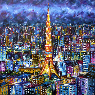 Schilderij getiteld "Night over Tokyo" door Mirek Kuzniar, Origineel Kunstwerk, Olie