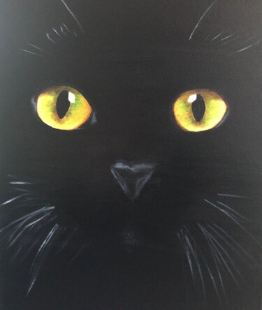 Schilderij getiteld "Chat noir" door Maïlys Painting, Origineel Kunstwerk, Acryl Gemonteerd op Frame voor houten brancard