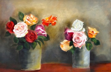 Painting titled "Bouquets de roses" by Maïté Letord, Original Artwork, Acrylic Mounted on Cardboard