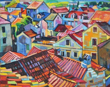 Картина под названием "Old city roofs 1" - Maja Djokic Mihajlovic, Подлинное произведение искусства, Масло