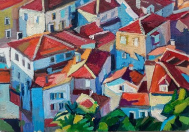 Painting titled "Roofs No.4, miniatu…" by Maja Djokic Mihajlovic, Original Artwork, Oil