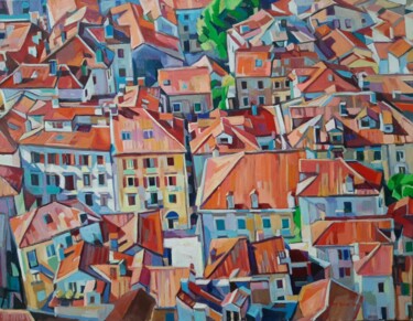 Schilderij getiteld "Roofs of Kotor" door Maja Djokic Mihajlovic, Origineel Kunstwerk, Olie