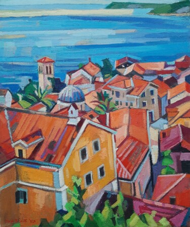 Painting titled "Roofs of Herceg Novi" by Maja Djokic Mihajlovic, Original Artwork, Oil