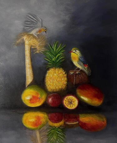 Schilderij getiteld "Caraibes" door Majida Kasmi, Origineel Kunstwerk, Olie Gemonteerd op Frame voor houten brancard