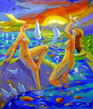 Schilderij getiteld "Sunset Bathers" door Makiwa Mutomba, Origineel Kunstwerk, Olie Gemonteerd op Frame voor houten brancard